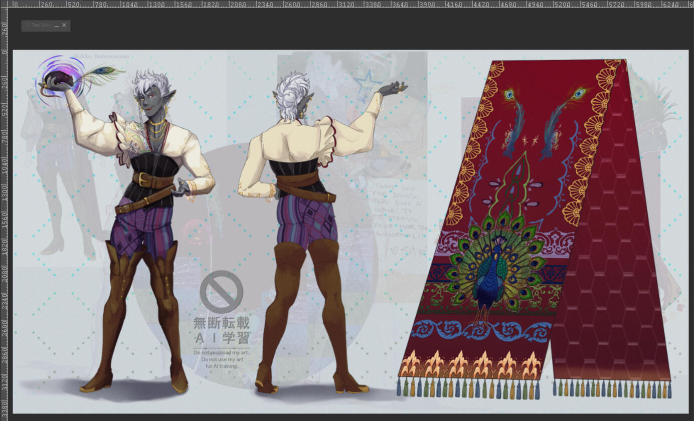 Drow OC Reference Sheet commission featuring a unique cloak design.