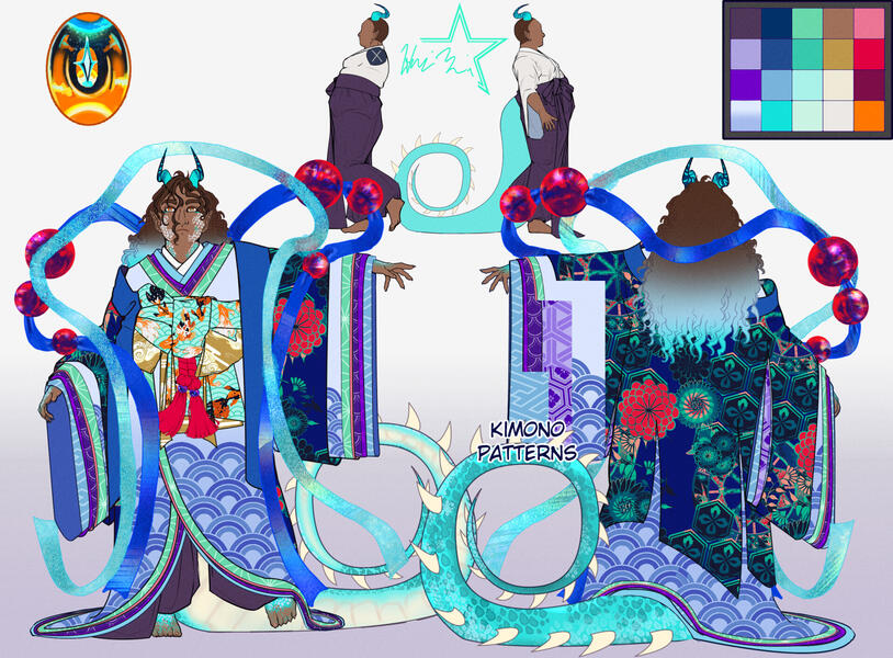 Spirit Blossom inspired OC outfit concept. This design went through over 10 revisions and styles before deciding on a Heian-era layered kimono look in darker colors.