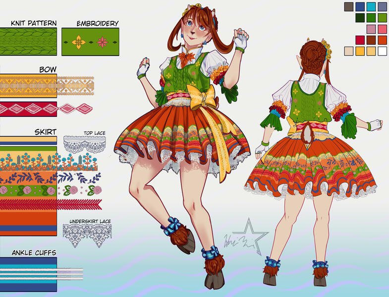 MinktheSatyr Costume Redesign, 2023 Contest Entry. A folk-costume inspired coord with lots of embroidery and textures in a fall color palette.