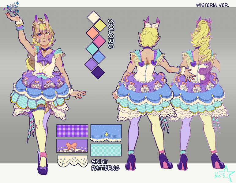 YaoYao Magical Girl Costume Design, 2023 Entry. A young and cute pastel-colored outfit inspired by shoujo anime and magical girls. Its shape is accentuated by many ruffles and overlapping layers to emphasize its girly theme.