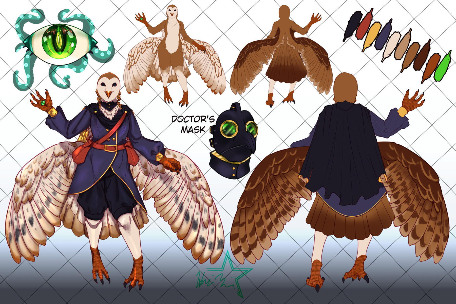 Barn Owl Kenku Warlock Character Design. Reference sheet commissioned work heavily related to plague doctors.