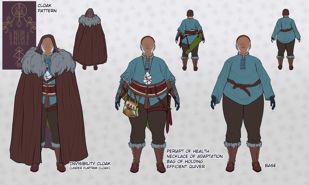 Dungeons &amp; Dragons Rogue/Sorcerer OC equipment reference w/ layers. This character carries many pieces of equipment at once and this was used to determine how their weight and inventory was distributed.