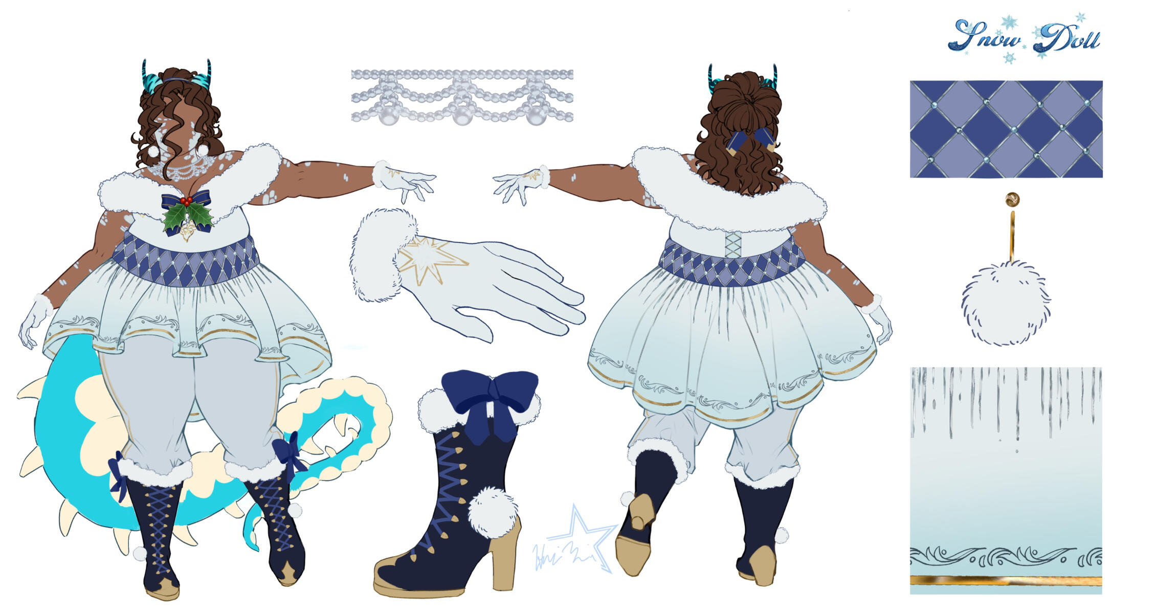 "Snow Doll" 2024 Christmas Costume Design. A delicate, adorable outfit inspired by the many styles of ornaments used to decorate Christmas trees with white and navy blue as the primary colors.